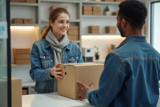 Femme souriante déposant un colis à une agence urbaine