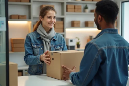 Femme souriante déposant un colis à une agence urbaine