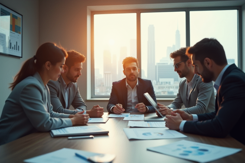 Groupe de professionnels en réunion dans un bureau moderne