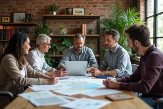 Membres de l'association ASPOLT réunis en réunion autour d'une table de travail collaborative dans leurs locaux associatifs