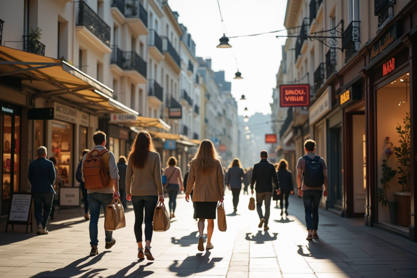Rue animée de Nantes un dimanche ensoleillé avec passants et vitrines