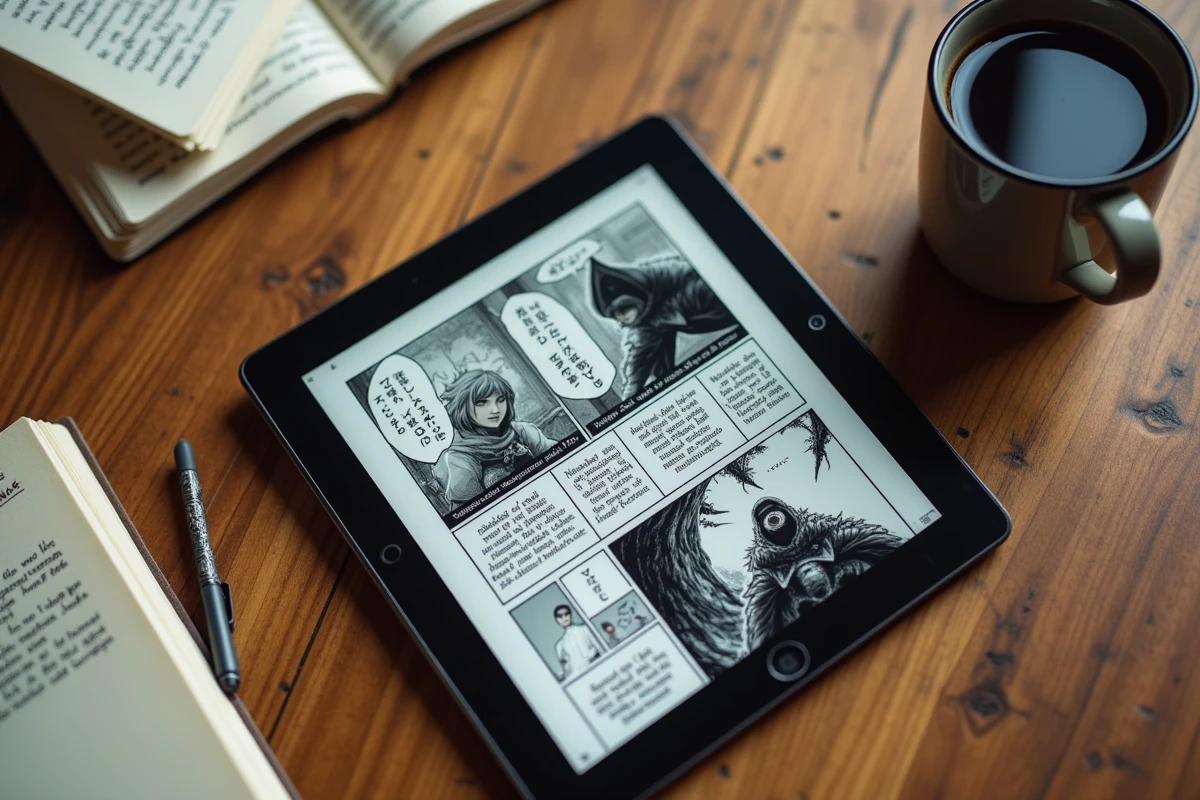 Vue aérienne d'une tablette affichant un scan manga fantasy en français posée sur une table en bois avec café et notes