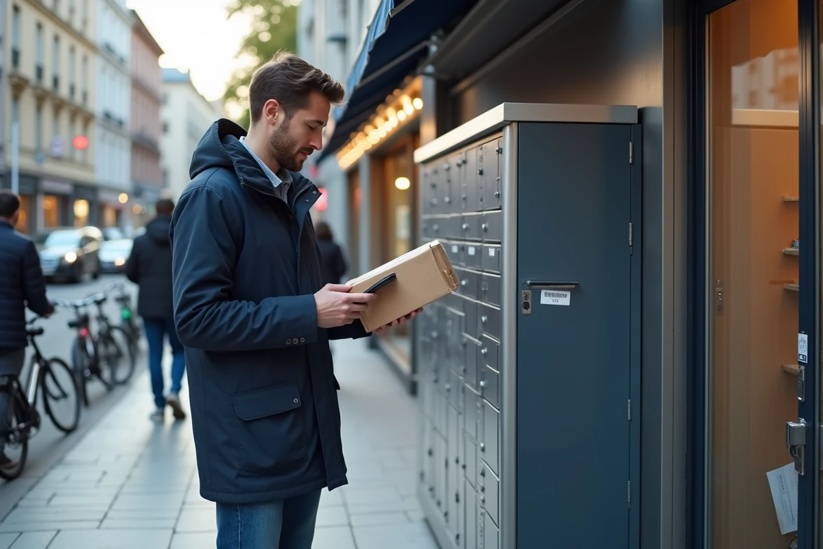 Jeune homme scannant un colis dans un relais urbain