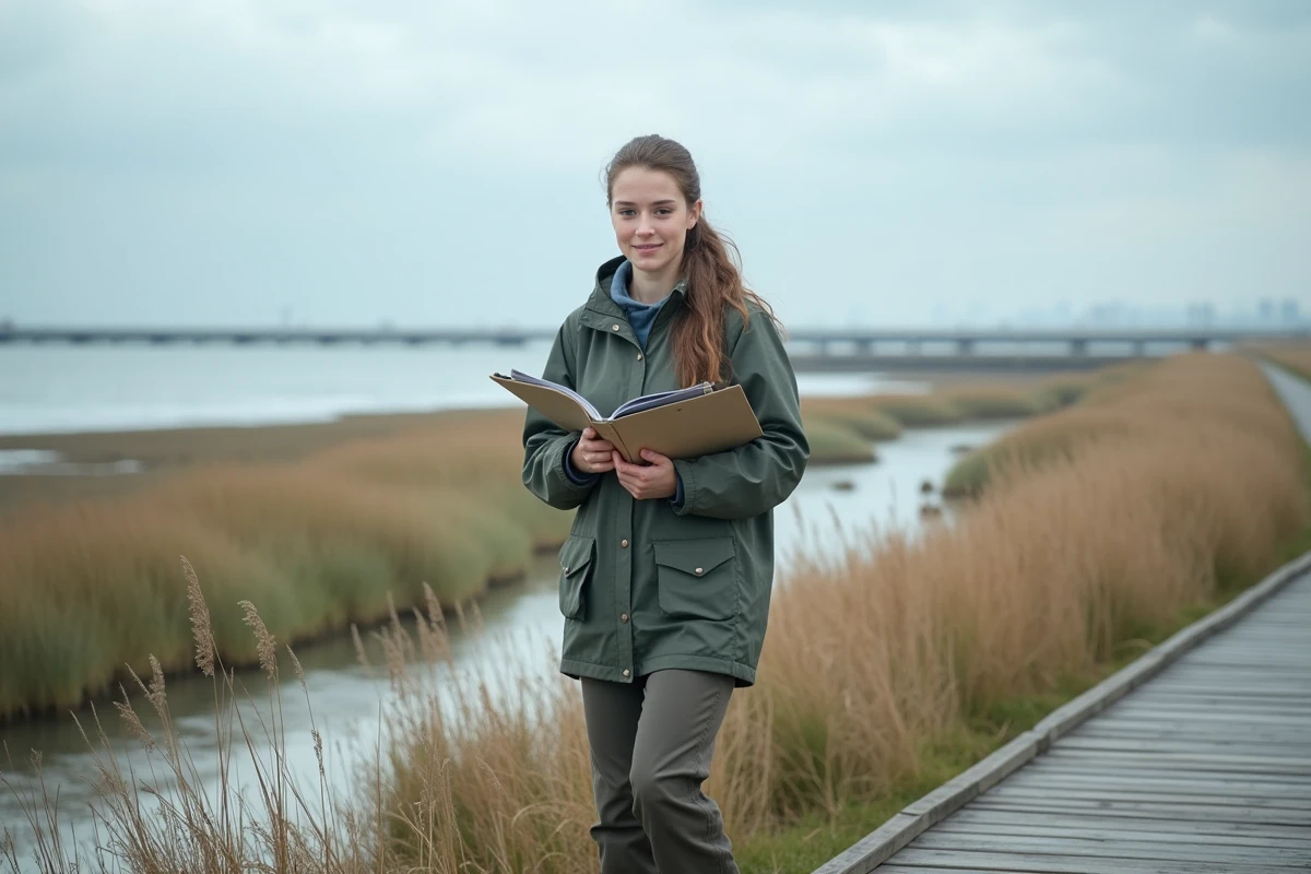 Jeune scientifique observe les oiseaux et la végétation du marais