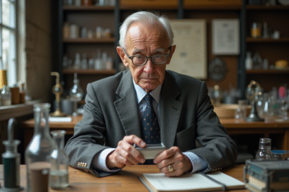 Scientifique âgé examinant une batterie lithium ancienne