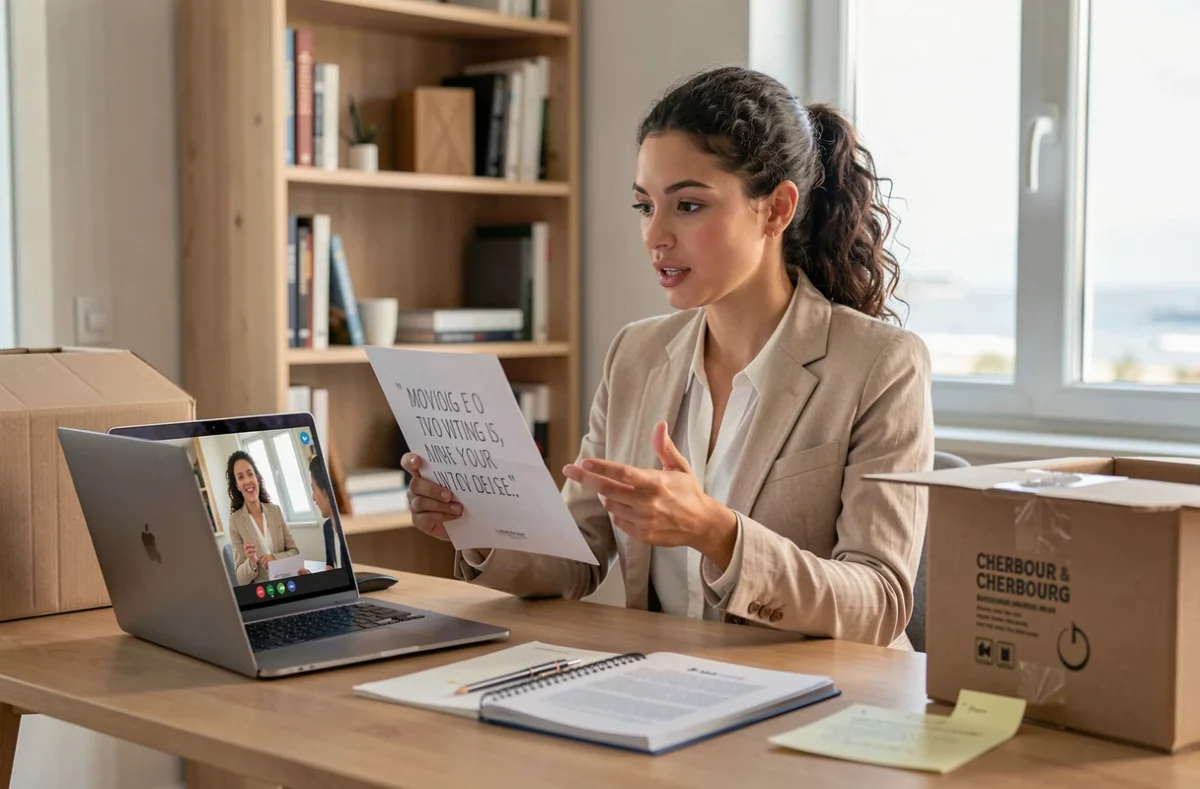 Femme consultant un service de déménagement à la demande en visioconférence depuis son domicile à Cherbourg