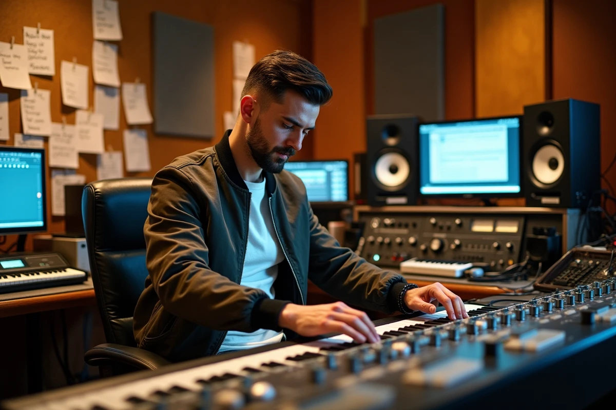 Coulisses d'un studio d'enregistrement de musique urbaine avec un producteur à la console de mixage