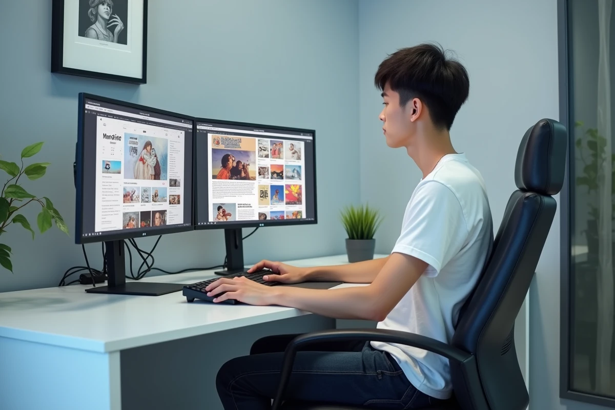 Homme consultant un site de scan manhwa sur ordinateur de bureau avec planning de sorties affiché