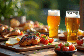 Table extérieure avec bières IPA et plats gourmets