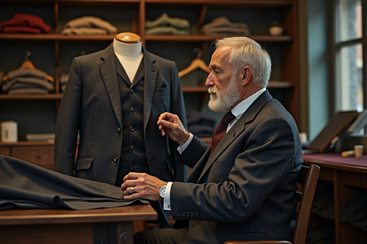 Homme ajustant un costume dans un atelier de tailleur