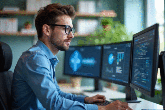 Jeune technicien informatique au bureau moderne avec trois écrans