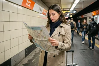 Touriste consultant un plan de métro à la station Lyon Part-Dieu avec sa valise