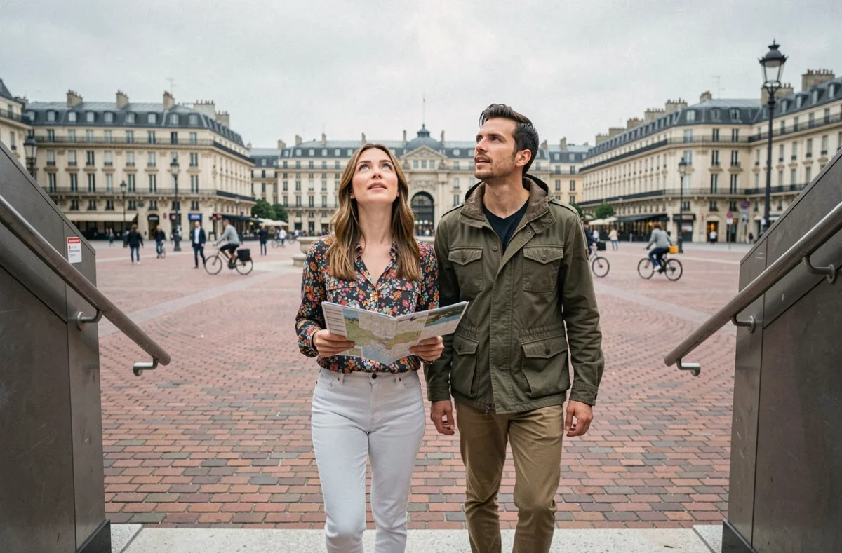 Deux touristes sortant du métro station Bellecour sur la place principale de Lyon avec une carte