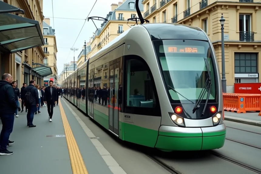 Tramway T3B à l'arrêt en station avec travaux et barrières de chantier visibles sur le quai à Paris