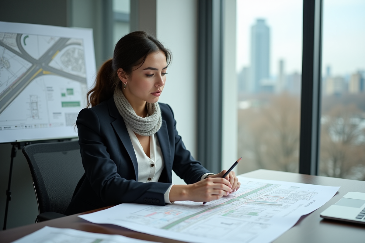 Jeune urbaniste examinant des plans dans un bureau moderne
