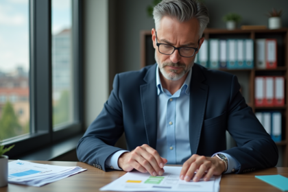 Urbaniste homme examine des documents municipaux dans un bureau moderne