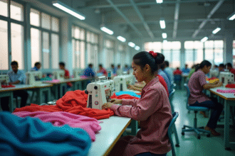 Intérieur moderne d une usine de vêtements au Bangladesh avec ouvriers et tissus colorés
