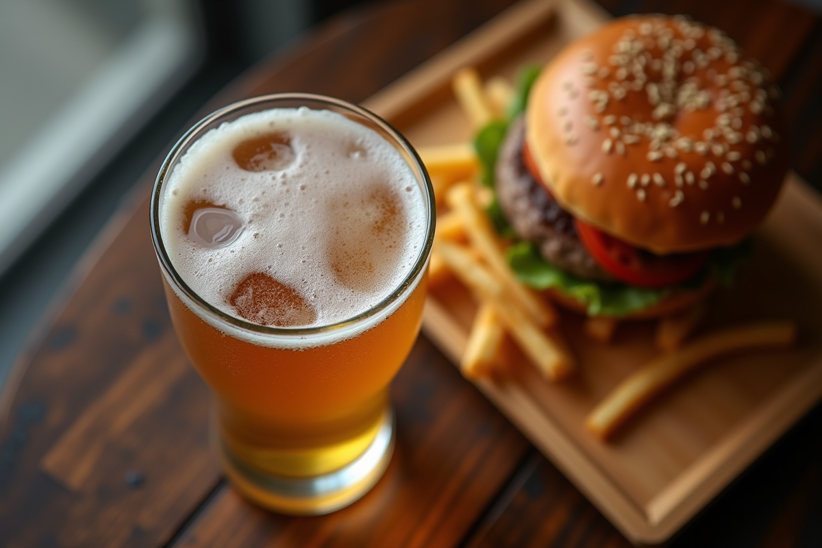 Verre de bière IPA avec burger et frites sur table en bois