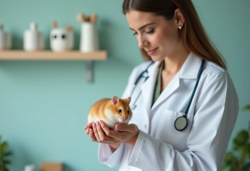 Vétérinaire jeune tenant un hamster en soin dans une clinique