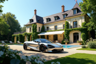 Villa de luxe avec jardin et voiture moderne devant le drapeau français