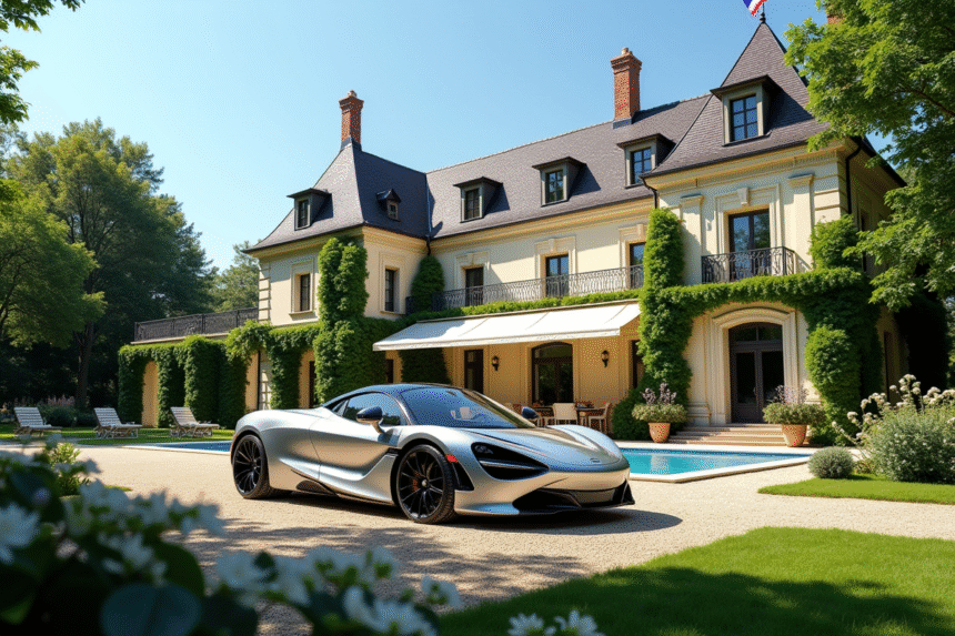 Villa de luxe avec jardin et voiture moderne devant le drapeau français