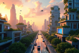 Ciel de ville futuriste au lever du soleil avec bâtiments verts et véhicules électriques