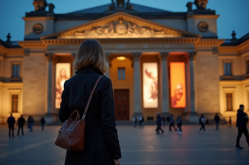 Femme devant un musée parisien illuminé lors d'une visite nocturne culturelle