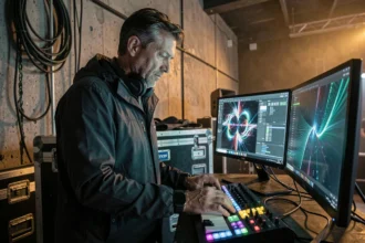 Visual jockey masculin concentré derrière ses écrans et contrôleurs MIDI dans les coulisses d'un club de musique électronique