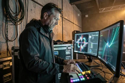 Visual jockey masculin concentré derrière ses écrans et contrôleurs MIDI dans les coulisses d'un club de musique électronique