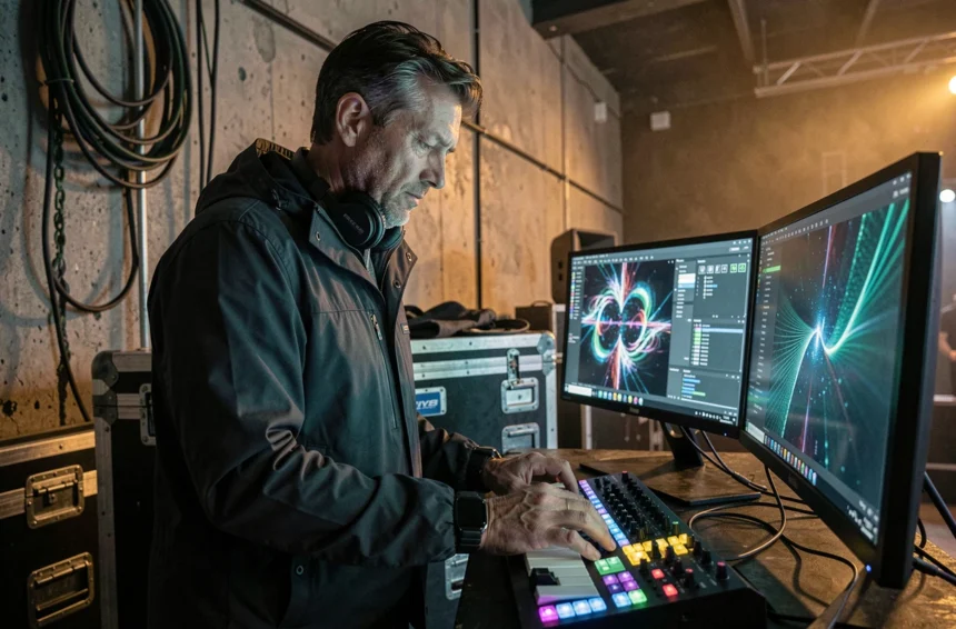Visual jockey masculin concentré derrière ses écrans et contrôleurs MIDI dans les coulisses d'un club de musique électronique