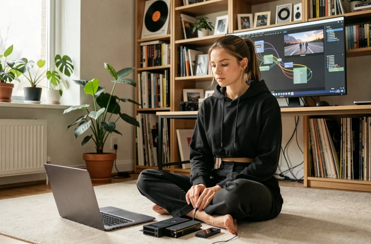 Femme VJ créatrice de visuels génératifs travaillant dans son studio à domicile entourée de matériel informatique