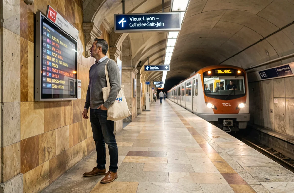 Voyageur regardant le panneau d'affichage du métro à la station Vieux-Lyon Cathédrale Saint-Jean