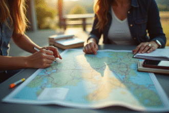 Deux voyageurs consultent une carte routière au repos