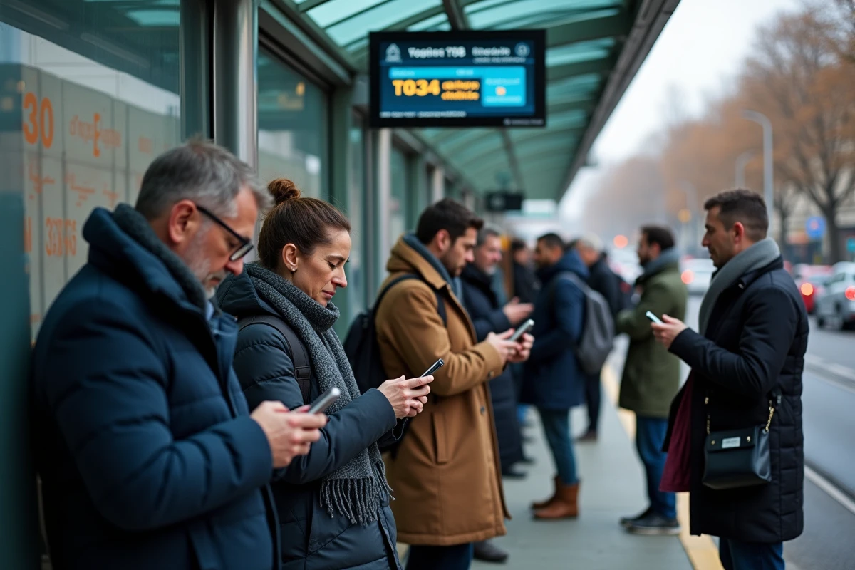 Voyageurs du tramway T3B consultant les horaires sur écran numérique et smartphone en période de travaux