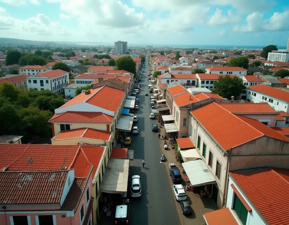 Vue panoramique du quartier urbain de Port Louis à Maurice montrant la densité des rues et des adresses postales